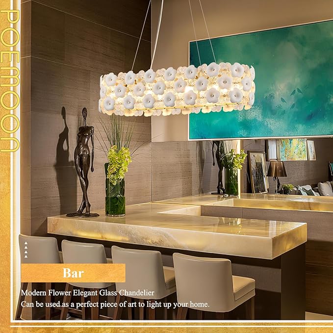 Modern Flower Glass Chandeliers for Dining Room L36” Oval Ceiling Pendant Light Fixture Luxury Gold 8-Light Contemporary Chandelier for Living Room Kitchen Island Bar, E12