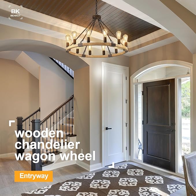 Farmhouse Wagon Wheel Chandelier 31" Wooden Rustic Light Fixtures 12-Light Wood Round Chandelier for Dining Room Living Room Entryway Foyer
