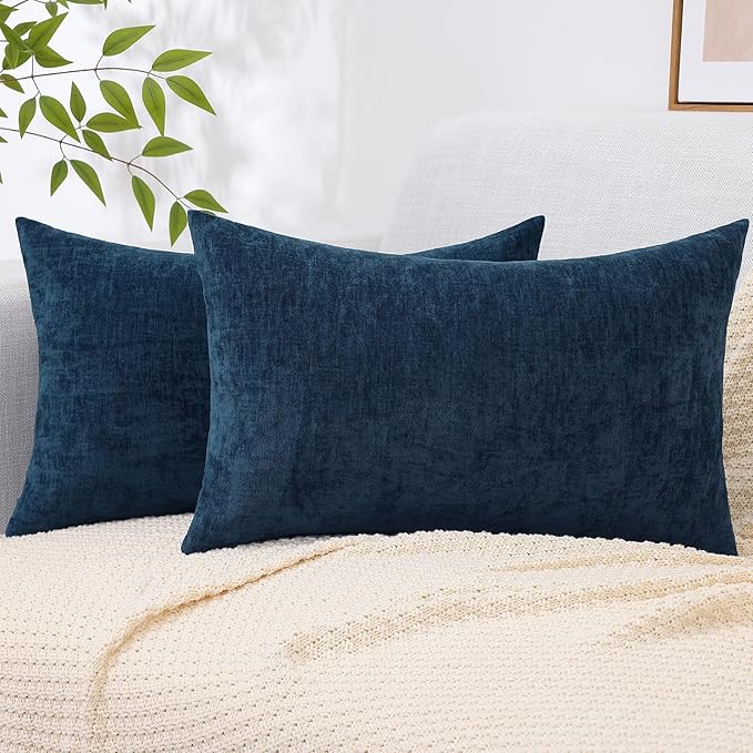 decorUhome Chenille Poseidon Throw Pillow Covers 12x20 Inch Set of 2, Decorative Soft Couch Pillow Covers Solid Dyed Accent Velvet Farmhouse Neutral Rectangle Pillow Cases for Sofa Bed Living Room