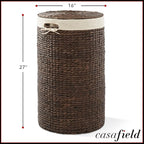 Casafield Round Laundry Hamper with Lid and Removable Liner Bag - Espresso, Woven Water Hyacinth Wicker Laundry Basket for Clothes and Towels