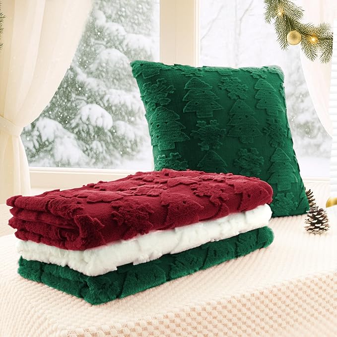 Christmas Pillow Covers 20x20, Soft Faux Rabbit Fur Throw Pillow Covers with 3D Embroidery Christmas Tree and Snowflake Design for Winter Holiday Home Decor, Couch Sofa Bedroom, Green