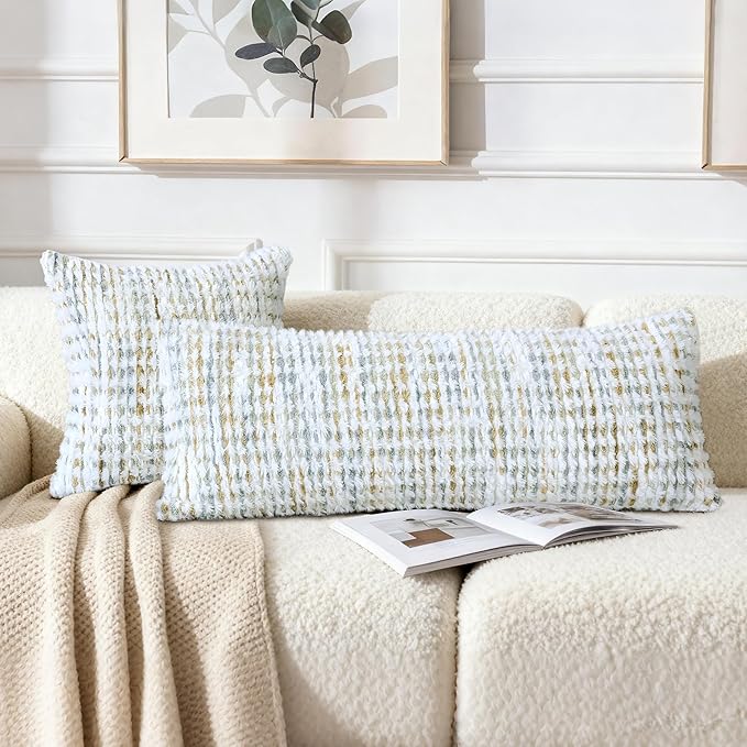 Boho Chenille Tufted Pillow Cover 14x36 Inch Set of 1, Farmhouse Striped Decorative Pillow Covers Accent Fluffy Neutral Long Body Bolster Pillow for Couch Sofa Bedroom Living Room, Gray Khaki