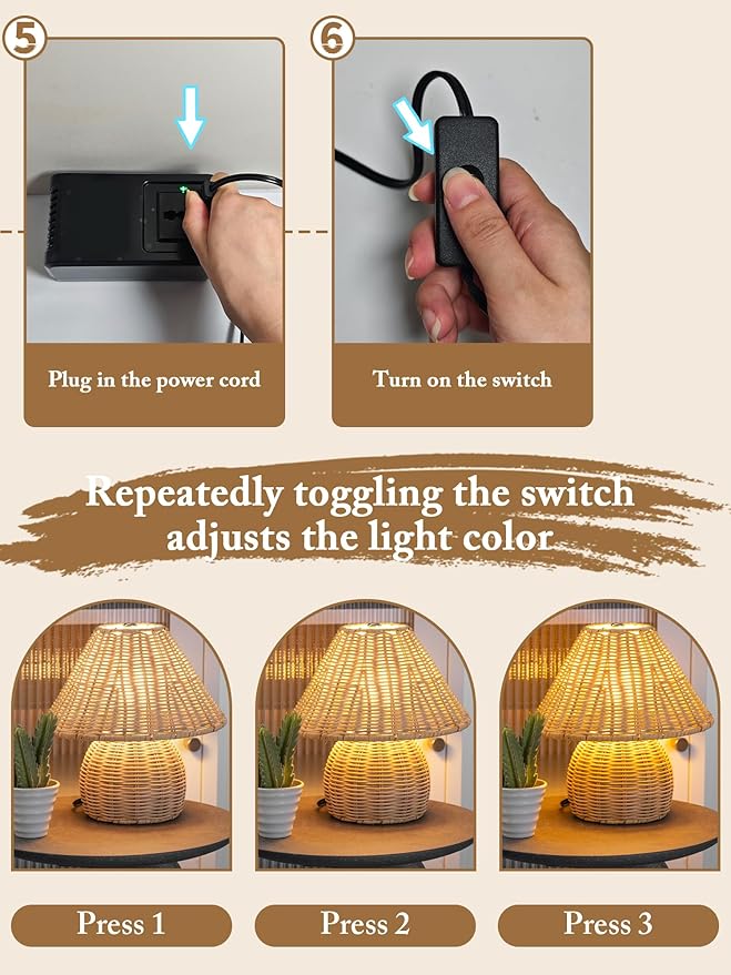 Mini Boho Lamp Rattan Lamps,3 Colors Modes Vintage Wicker Light,Small Table Lights for Bedroom Living Room Home Office Art Decor,7W E26 Bulb Included