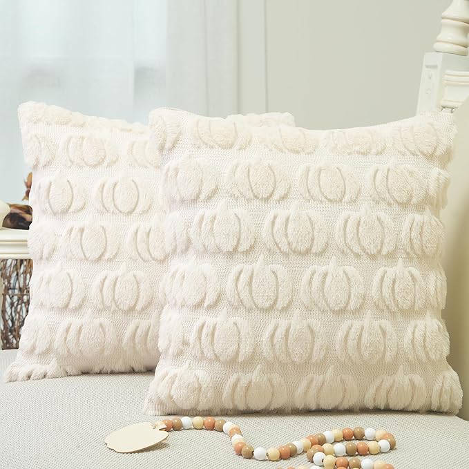 GEEORY Fall Pumpkin Throw Pillow Covers 20x20 Inch Set of 2, Autumn Soft Plush Faux Fur Wool Decorative Farmhouse Holiday Cushion Case for Home Decoration (Beige) GC002-20