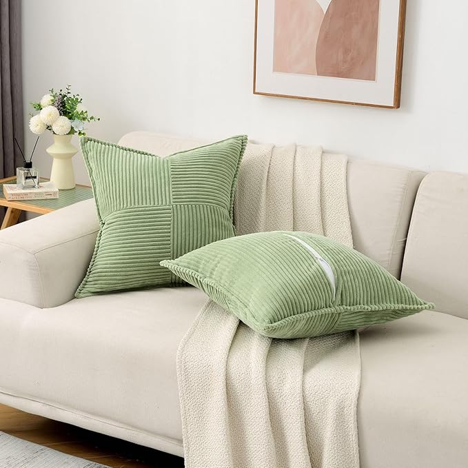 HAUSSY Sage Green Throw Pillow Covers 16x16 Inch Set of 2,Soft Solid Corduroy Striped/Wide Bordered,Square Decorative Cushion Case,Winter Home Decorations for Couch,Bed