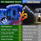 66FT 670 LED Christmas Lights 148 Ice Drops, 12 Modes and Timer Memory Dimmable, Plug In Outdoor Waterproof Hanging String Light for Holiday Wedding Garden Fence House Tree Outside Decor Blue & White