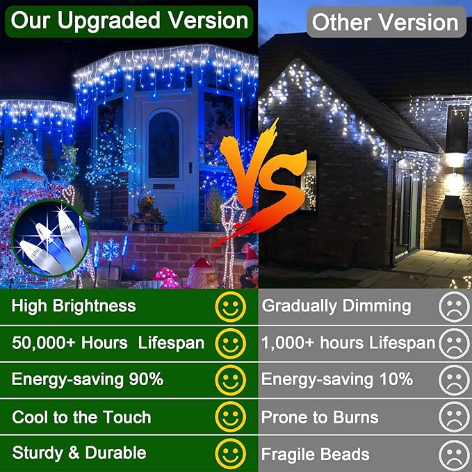 66FT 670 LED Christmas Lights 148 Ice Drops, 12 Modes and Timer Memory Dimmable, Plug In Outdoor Waterproof Hanging String Light for Holiday Wedding Garden Fence House Tree Outside Decor Blue & White