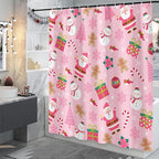 Pink Christmas Shower Curtain, Cartoon Santa Claus Snowman Penguin Pine Fir Tree Socks Xmas Pattern Winter Holiday Shower Curtain Bathroom Decor, Durable Fabric Machine Washable with Hooks, 72 x 72 In