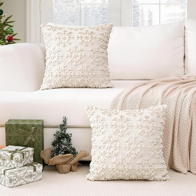 OTOSTAR Set of 2 Xmas Soft Plush Short Wool Velvet Decorative Throw Pillow Covers Square Luxury Style Cushion Case Pillow Shell for Sofa Bedroom Snowflake Cream Beige, 20x20 Inch