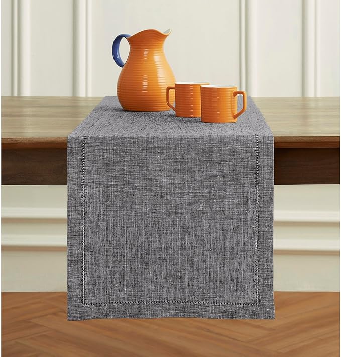 Solino Home Linen Table Runner 72 Inches Long - Milan Hemstitch 100% Pure Linen Chambray Black Dining Table Runner 14 x 72 Inch for Fall, Autumn, Halloween, Thanksgiving, Christmas