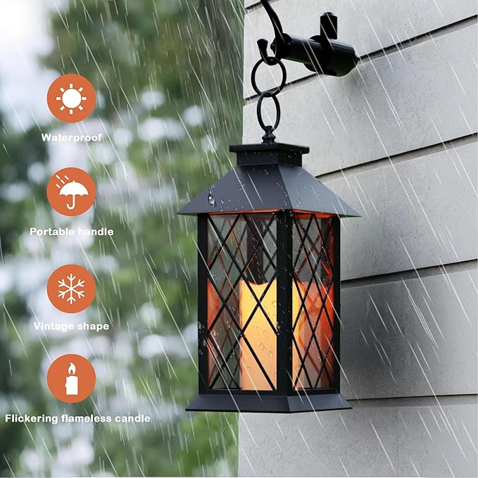 Christmas Lanterns Decorative Indoor, 14" Battery-Powered Waterproof Black LED Candle Lanterns with Timer for Patio & Outdoor, Vintage Hanging Lantern for Xmas Home Decorations, Diamond