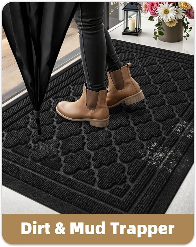 Color&Geometry Front Door Mat Outside Entrance, Heavy Duty Non Slip Low Profile Doormat for Entryway, Trap Dirt and Moisture Welcome Mats All-Weather, Easy Clean, Patio, Garage, 24"x48" Black