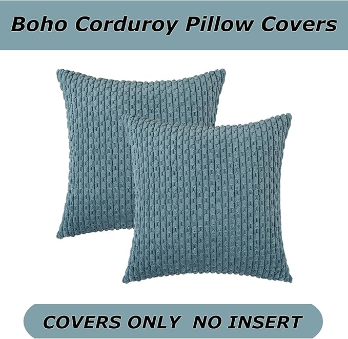 Kevin Textile Throw Pillow Covers Soft Corduroy Decorative Set of 2 Boho Striped Pillow Covers Pillowcases Farmhouse Home Decor for Couch Bed Sofa Living Room 18x18 Inch Blue Grey