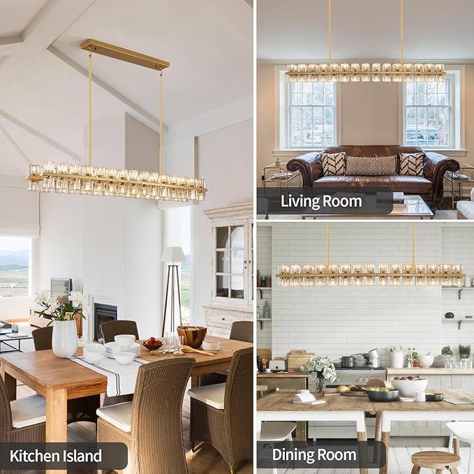 Crystal Gold Rectangular Chandelier for Dining Room,54in Dining Chandeliers Over Table,Modern Chandelier for Dining Room,Arcachon Chandelier Kitchen Island Chandeliers,Includes 60XG4 Bulbs