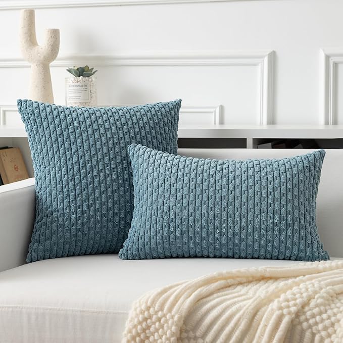 Kevin Textile Throw Pillow Covers Soft Corduroy Decorative Set of 2 Boho Striped Pillow Covers Pillowcases Farmhouse Home Decor for Couch Bed Sofa Living Room 24x24 Inch Blue Grey