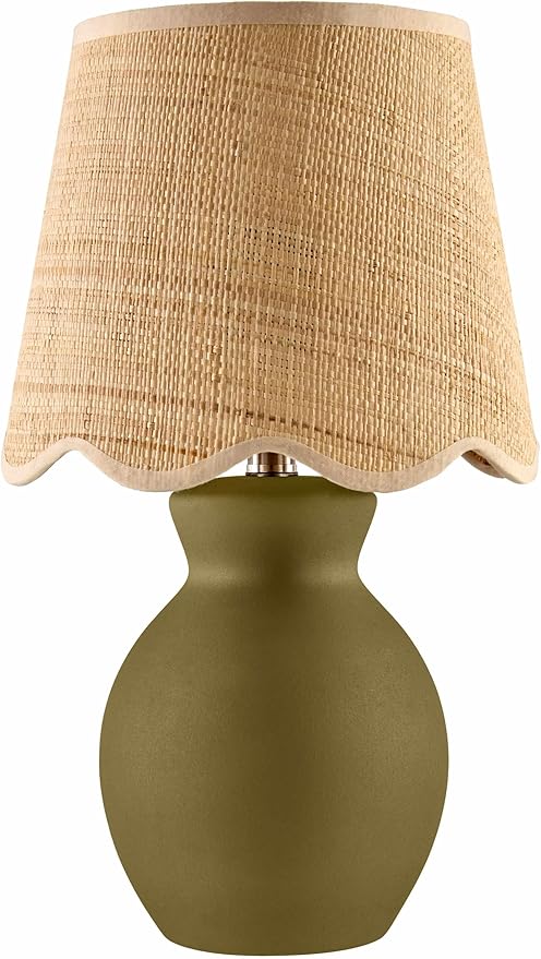 BoutiqueRugs Liliac Boho Ceramic and Jute Bedside Table Lamp for Bedroom Nightstand - End Side Lighting for Living Room - Shade Rattan - Green, Beige - 15" H