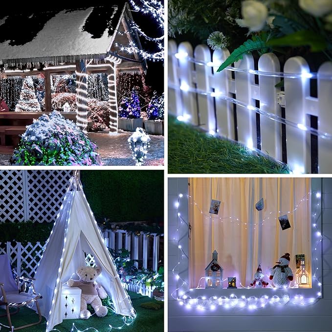 Brightown Solar String Lights Outdoor 2 Pack 72 Feet 200 LED Waterproof Solar Powered String Lights with 8 Lighting Modes, Waterproof Solar Rope Lights for Outside Christmas Party, Pure White