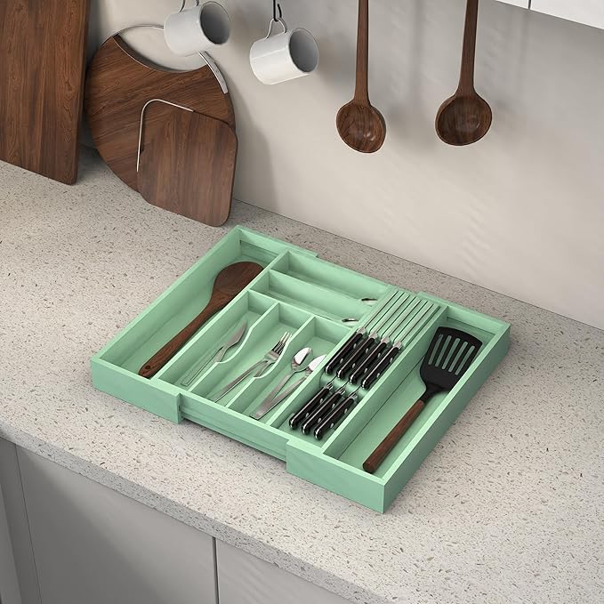 Bamboo Kitchen Drawer Organizer, Expandable Utensil Organizer with Removable Knife Block, Cutlery Tray Holder with Divider, Adjustable Silverware Organizer, Cyan