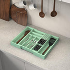 Bamboo Kitchen Drawer Organizer, Expandable Utensil Organizer with Removable Knife Block, Cutlery Tray Holder with Divider, Adjustable Silverware Organizer, Cyan