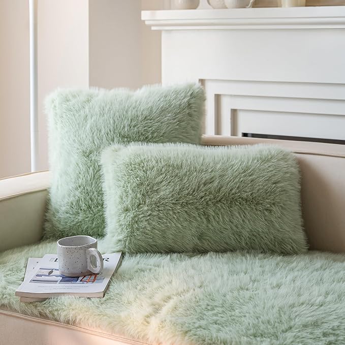 Neelvin Green Faux Fur Cozy Fluffy Double-Sided Decorative Throw Pillow Covers 20x20 inch Set of 2,Velvet Pillowcase Cushion Case for Sofa Couch