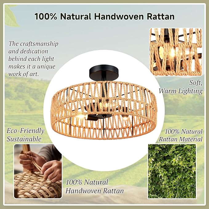 Hamilyeah Boho Woven Flush Mount Ceiling Light Fixture, 16 inch Rattan Light Fixture Ceiling Mount for Living Room, Bedroom, Kitchen
