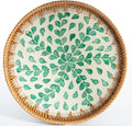 11.8 inch Round Rattan Serving Tray with Mother of Pearl Inlay Wicker Platter Coffee Tray for Coffee Table Decor Coastal Boho Kitchen Storage Display Decorative Basket Food Tray Handmade Wall Decor