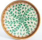 11.8 inch Round Rattan Serving Tray with Mother of Pearl Inlay Wicker Platter Coffee Tray for Coffee Table Decor Coastal Boho Kitchen Storage Display Decorative Basket Food Tray Handmade Wall Decor