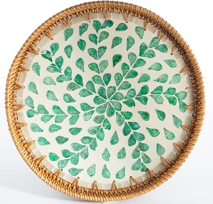 11.8 inch Round Rattan Serving Tray with Mother of Pearl Inlay Wicker Platter Coffee Tray for Coffee Table Decor Coastal Boho Kitchen Storage Display Decorative Basket Food Tray Handmade Wall Decor
