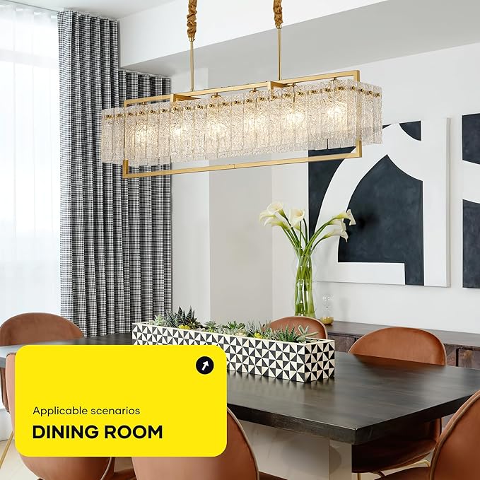 Modern Rectangle Gold Crystal Chandeliers for Dining Room, 6 Lights 44" Large Rectangular Water Ripple Glass Kitchen Island Light Fixture, Linear Farmhouse Pendant Light Fixture Over Table