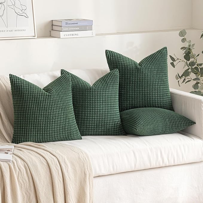 MIULEE Boho Farmhouse Throw Pillow Covers 18x18 Inch Set of 4 Soft Neutral Covers Christmas Dark Green Corduroy Couch Pillowcases Home Decor for Sofa Living Room Bed