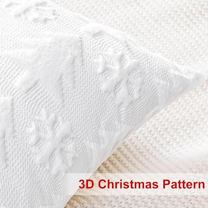 OTOSTAR Set of 2 Xmas Soft Plush Short Wool Velvet Decorative Throw Pillow Covers Square Luxury Style Cushion Case Pillow Shell for Sofa Bedroom Tree and Snowflake White, 12x12 Inch