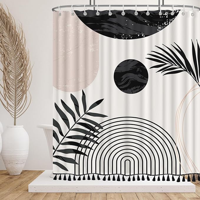 Boho Mid Century Leaf Shower Curtain Set,Arch Sun Design,Minimalistic Leaves Pattern,Waterproof and Luxurious Fabric-12 Hooks(Black and White-72" x 78")
