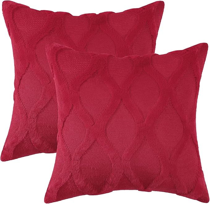 decorUhome Christmas Throw Pillow Covers 18x18 Inch Set of 2, Soft Plush Faux Fur Wool Red Couch Pillow Covers, Decorative Neutral Pillow Cases for Bed Sofa Living Room Home Decor