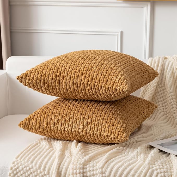 Kevin Textile Throw Pillow Covers Soft Corduroy Decorative Set of 2 Boho Striped Pillow Covers Pillowcases Farmhouse Home Decor for Couch Bed Sofa Living Room 24x24 Inch Gold