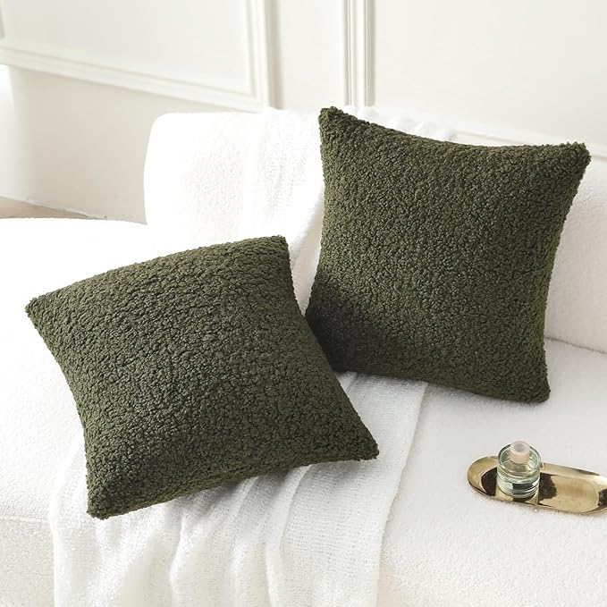 FUTEI Olive Green Throw Pillow Covers 24x24 Inch Set of 2,Furry Faux Fur Teddy Boucle Textured Cushion Covers,Soft Fluffy European Pillow Shams,Home Decor for Couch Bed Living Room Office Car