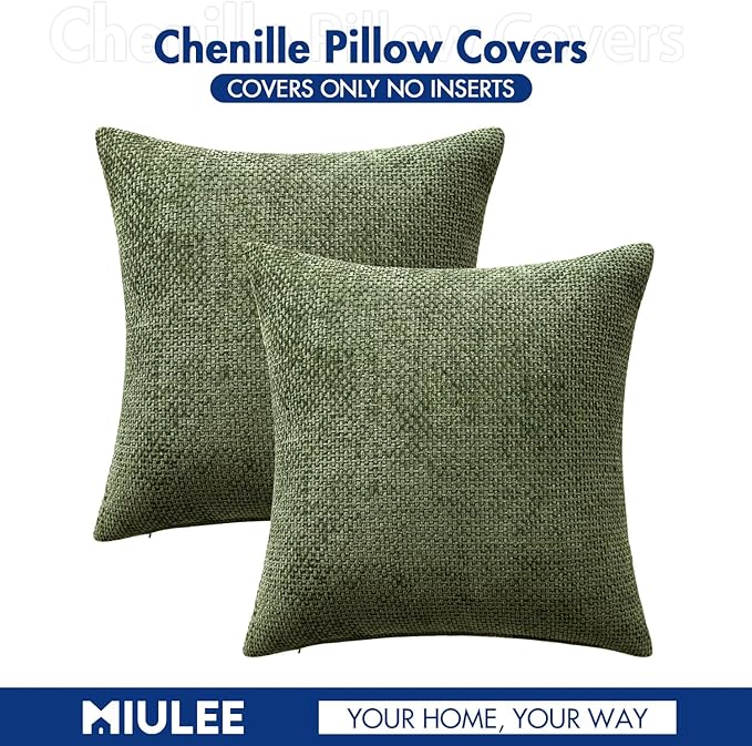 MIULEE Pack of 2 Couch Throw Pillow Covers 18x18 Inch Sage Green Modern Boho Accent Decorative Pillow Covers Soft Chenille Farmhouse Cushion Covers for Home Decor Bed Sofa Living Room