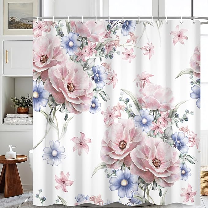 Colorful Floral Shower Curtain Watercolor Flower Modern Design Bathroom Curtain Girls Pretty Plant Decor Shower Curtain with Hooks Waterproof Polyester Fabric 60x72 Inch