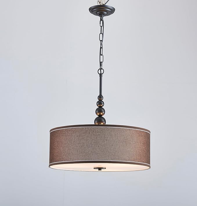 Shrine Lighting Drum Chandeliers, Farmhouse Style, Perfect Drum Pendant Light for Dining Room, D21'' x H8'', Adjustable Chains 59'', E26*3 Sockets, Brown Linen Fabric Lampshade & Black Rod