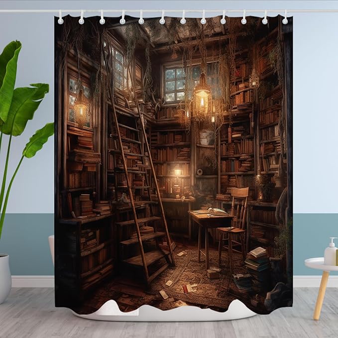 Vintage Medieval Library Shower Curtain Antique Room for Study Theme Bathroom Bathtubs Fabric Shower Curtain Set with 12 Hooks 72x84 inches Polyester Machine Washable, Yellow and Black
