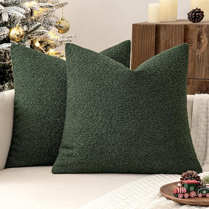 MIULEE 22x22 Christmas Decorative Euro Sham Throw Pillows for Bed Set of 2 Textured Boucle Neutral Winter Throw Pillow Covers Dark Green Accent Solid Euro Couch Pillowcase Sofa Livingroom Home Decor