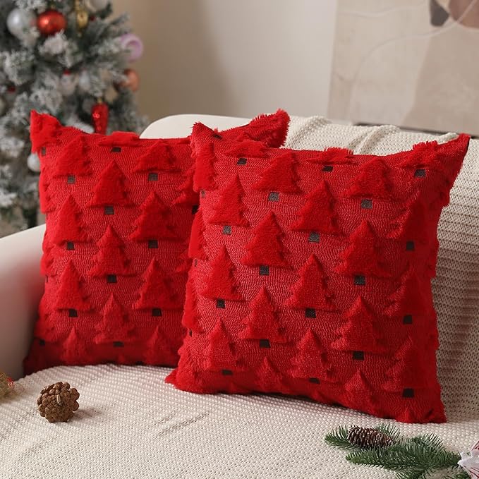 Christmas Pillow Covers 16x16 inch Set of 2 Christmas Decorations Soft Plush Faux Fur Wool Red Xmas Tree Throw Pillow Cases Winter Holiday Decor for Sofa Living Room PT002B16