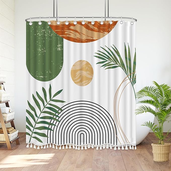 Boho Mid Century Leaf Shower Curtain Set,Arch Sun Design,Minimalistic Leaves Pattern,Waterproof and Luxurious Fabric-12 Hooks(Green-72" x 78")