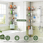 HAMITOR Corner Shower Caddy Tension Pole: 4-Tier Rust-Resistant Adjustable Bathroom Organizer Shelves - 47-121 Inch No-Drill Quick Installation - Space-Saving Storage for Renters Families - Black