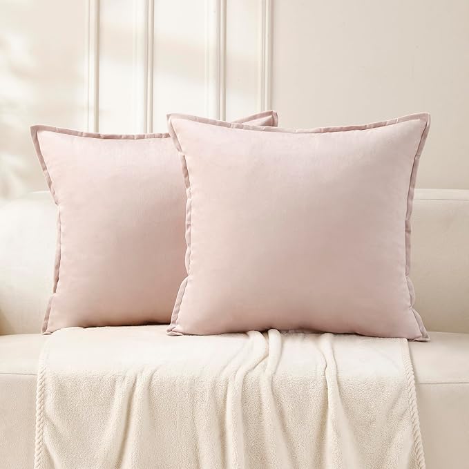 VAKADO Throw Pillow Covers 16x16 Set of 2 Pink Velvet Decor Decorative Couch Cushion Euro Pillowcases with Fringe Home Bed Decoration for Sofa Bedroom Office