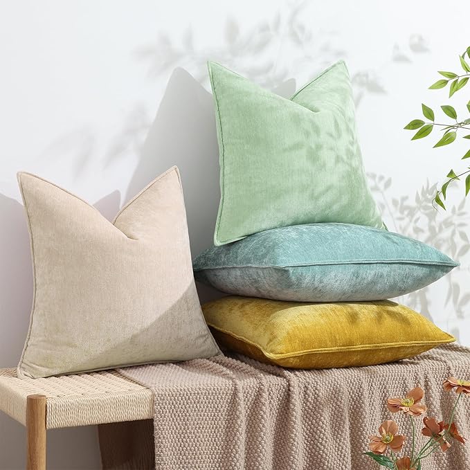 decorUhome Couch Throw Pillow Covers 26x26 Set of 2, Decorative Soft Euro Neutral Chenille Pillow Covers with Elegant Design for Sofa Bed Living Room Home Decor, Sage Green