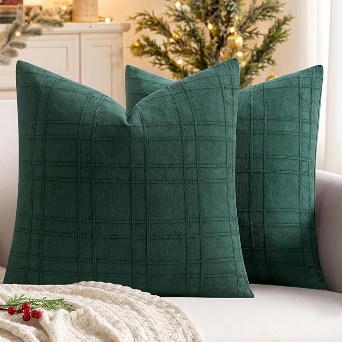 MIULEE Christmas Decorative Linen Check Euro Shams Throw Pillow Covers Neutral Farmhouse Vintage Pillow Covers 24x24 Set of 2 Boho Modern Home Decor for Sofa Couch Bedroom Cushion Dark Green
