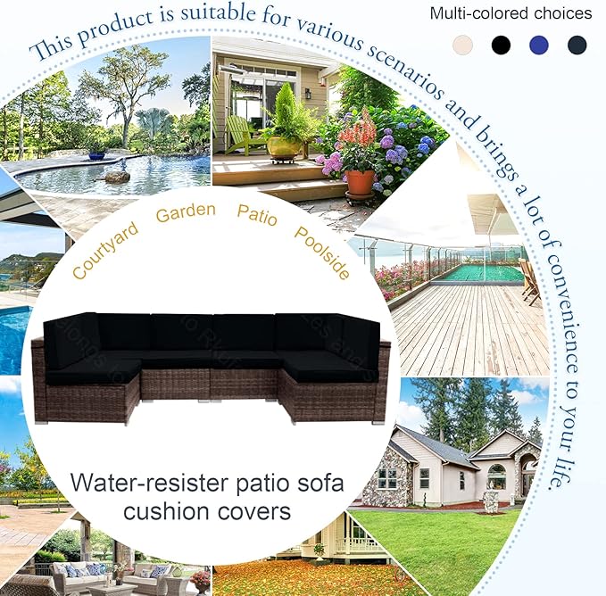 14 PCs Patio Cushion Covers for 7 PCs Outdoor Furniture Sectional Seating Sets Water Resistant Plus 2 Throw Pillows (Black, 24.8(L)*24.8(W)*3.14(T) inches)