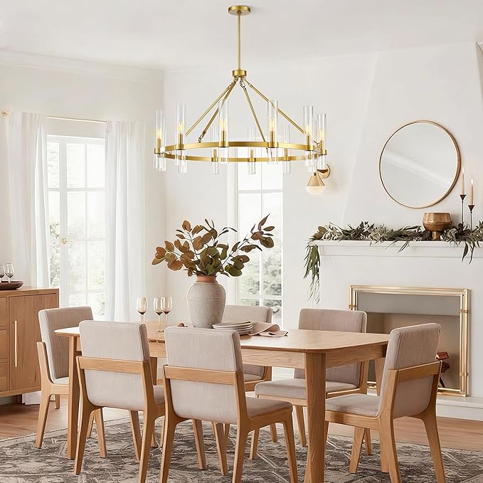 Untrammelife 12-Light Gold Chandelier with Clear Glass, 36” Large Wagon Wheel Chandelier Farmhouse Dining Room Light Fixture Modern Round Chandeliers for Dining Room Foyer