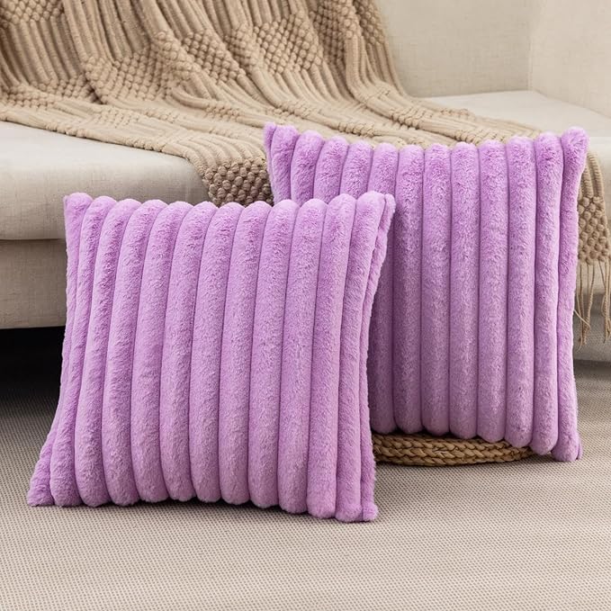 ZLINA Set of 2 Light Purple Faux Fur Decorative Throw Pillow Covers Fluffy Striped Pillowcase Cushion Covers 18 x 18 Inch Decor Sofa Couch Bedroom