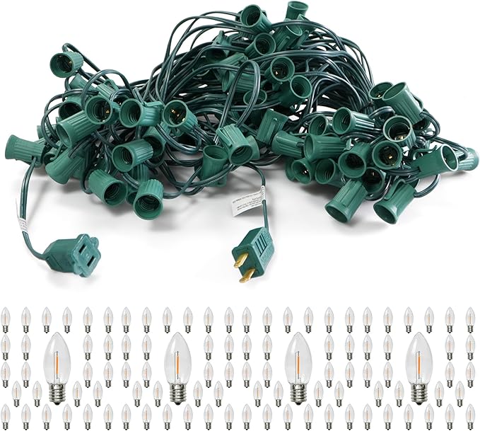 LUCKY TL 100 FT C9/E17 Christmas Light Sockets Set Spool, with 100 C9 Bulbs，Green SPT-1 Wire, 12 Inch Spacing, UL Listed